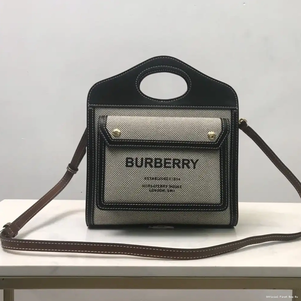 Official First Bag Ru Canvas BURBERRY Bag Two-tone Pocket Mini Leather and 0224