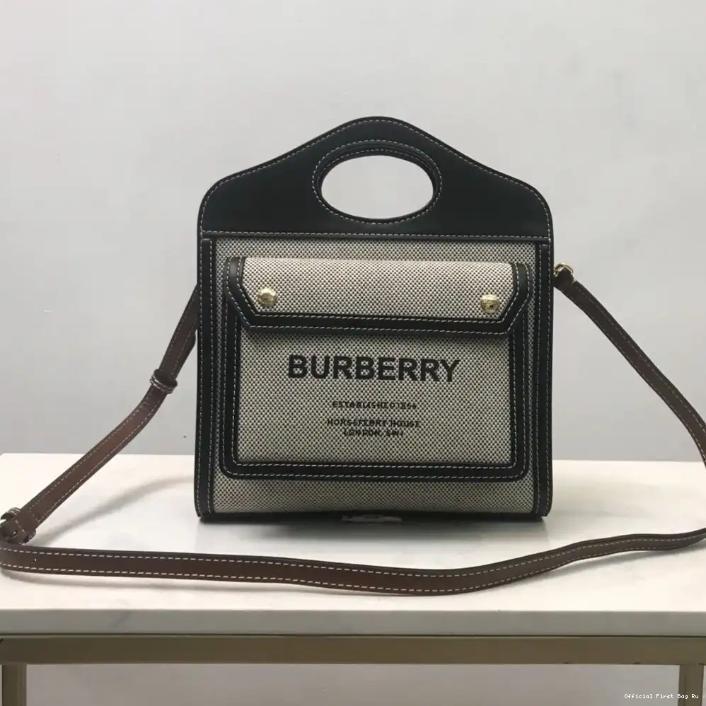 Official First Bag Ru Canvas BURBERRY Bag Two-tone Pocket Mini Leather and 0224